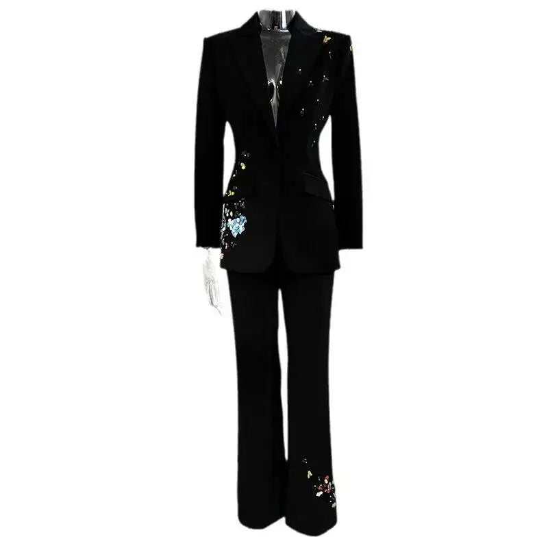 Luxury 2026 Spring Color Sequins Two Piece Matching Set Women's Full Sleeve Blazers Long Pants 2pcs Formal Occasions Suit Coats