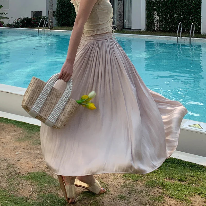 Summer Silky Skirt Elastic High Waist Glossy Silky Long Skirt Milk Silk A-line Long Skirts Women Beach Pearlescent Dress