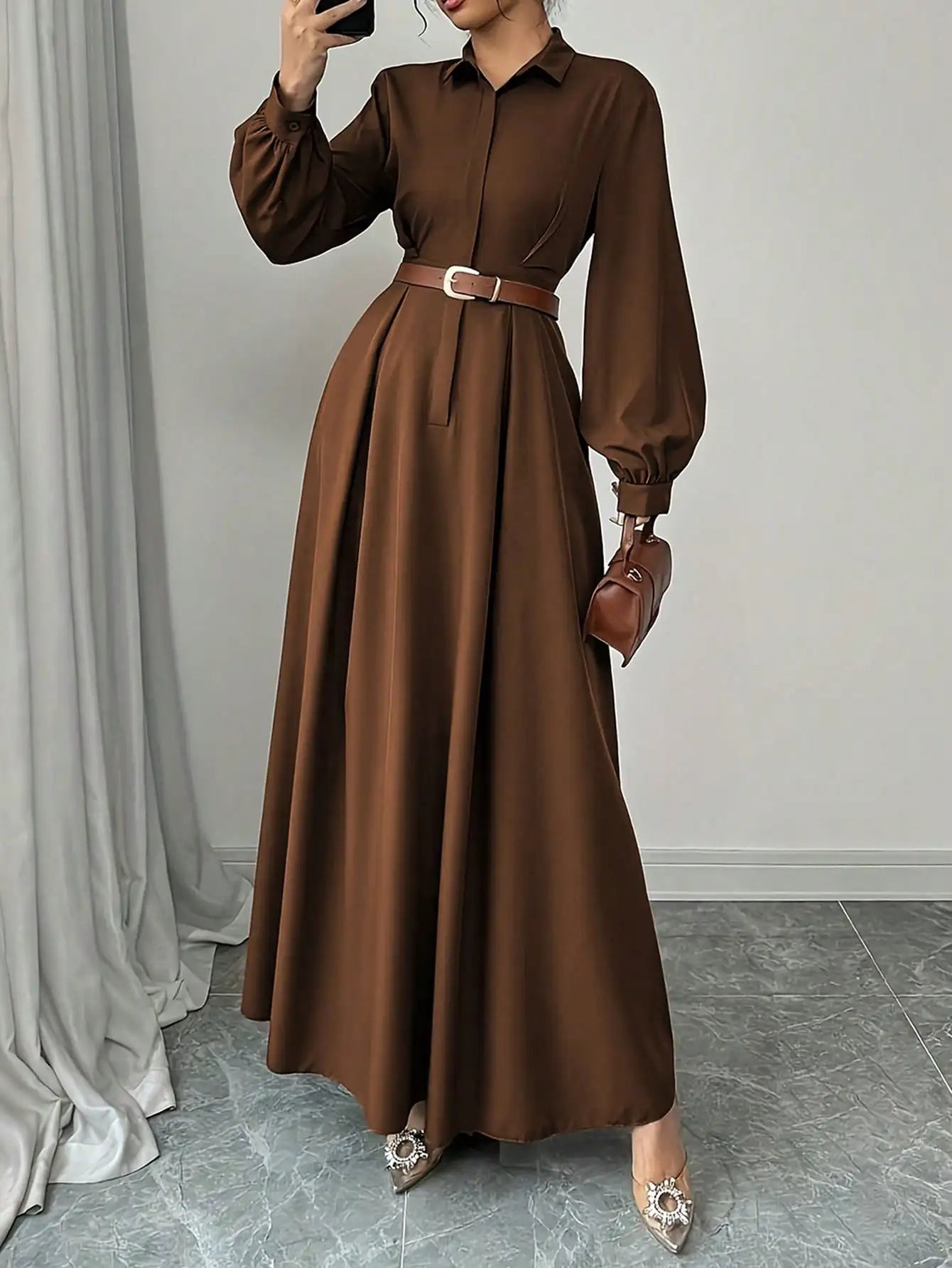 Women's Elegant Long Lantern Sleeve Office Dress Fashion Pleated A-Line Maxi Dresses Autumn 2026 Casual Long Shirt Vestidos
