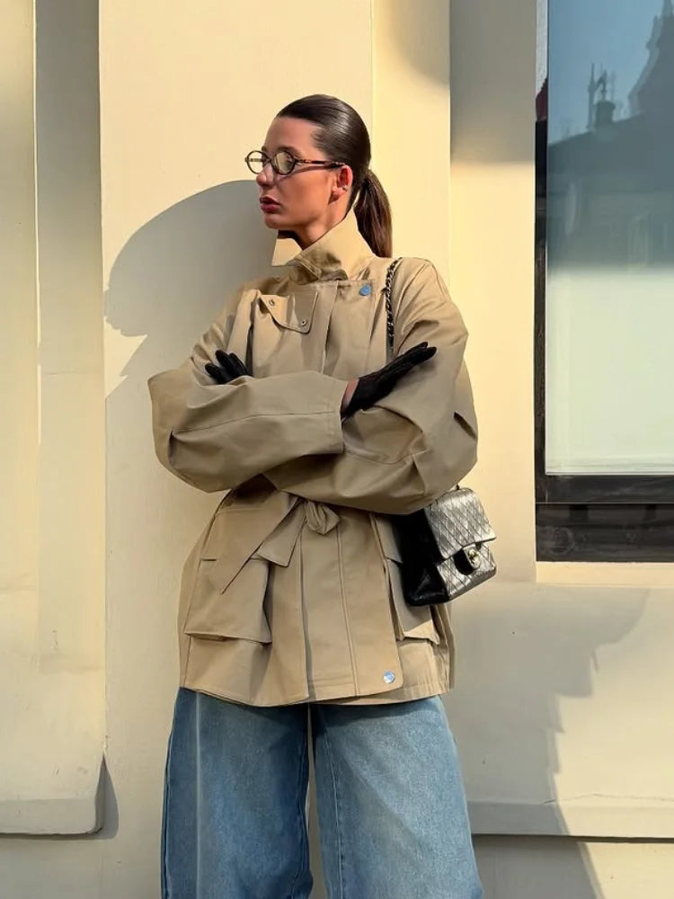 Single Breasted Khaki Belt Trench Coat Women Elegant Lapel Long Sleve Pockets Windbreaker Jacket Autumn Lady Daily Street Jacket