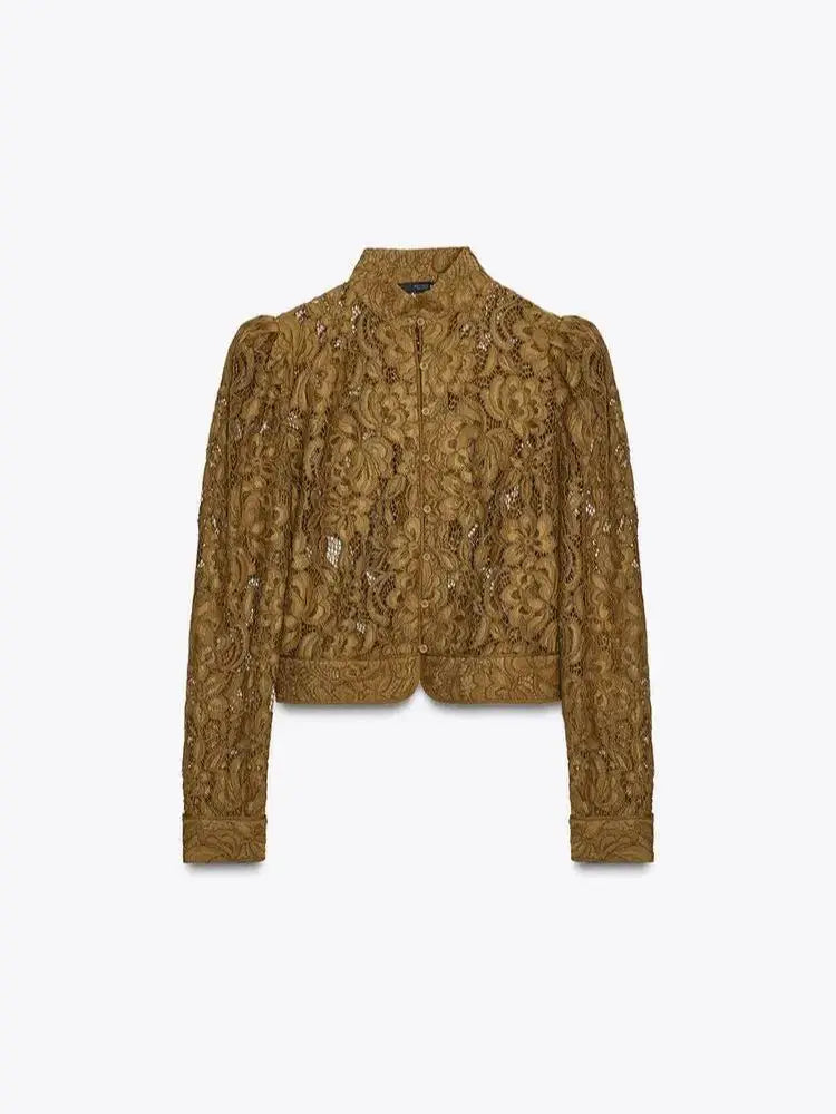 2026 Spring New See Through Lace Shirt Women Solid O Neck Long Sleeve Single Breasted Shirts Fashion New Female Blouse Tops