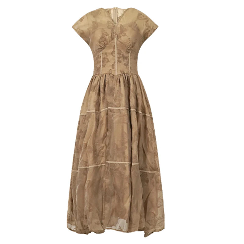 Women's French Retro Long Dress Fashion Grey Printed Short Sleeve Corset Large Swing Ball Gown Femme Party Banquet Vestidos