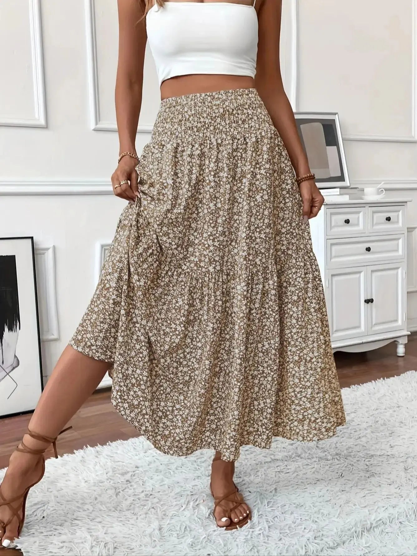 Women's High Waisted Floral Tiered Maxi Skirt Elegant A-Line Flowy Long Skirt with Elastic Waist Perfect for Summer Wear