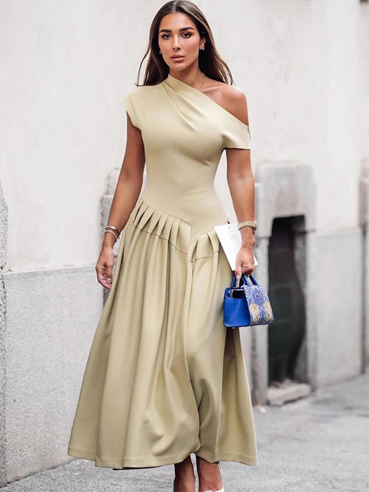 Elegant Long Dress Women Loose Skew Collar Sleeveless A Line Robe Female 2026 Spring Summer Solid Fashion High Waist Dress Lady