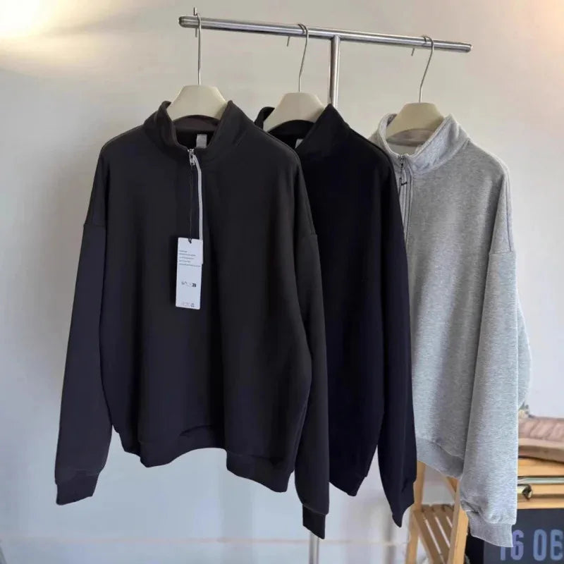 Unisex Winter Fleece Sweatshirt Thick Warm Stand Collar Zip Jacket Loose Fit Sport Top Casual Fitnes Outerwear for Men and Women