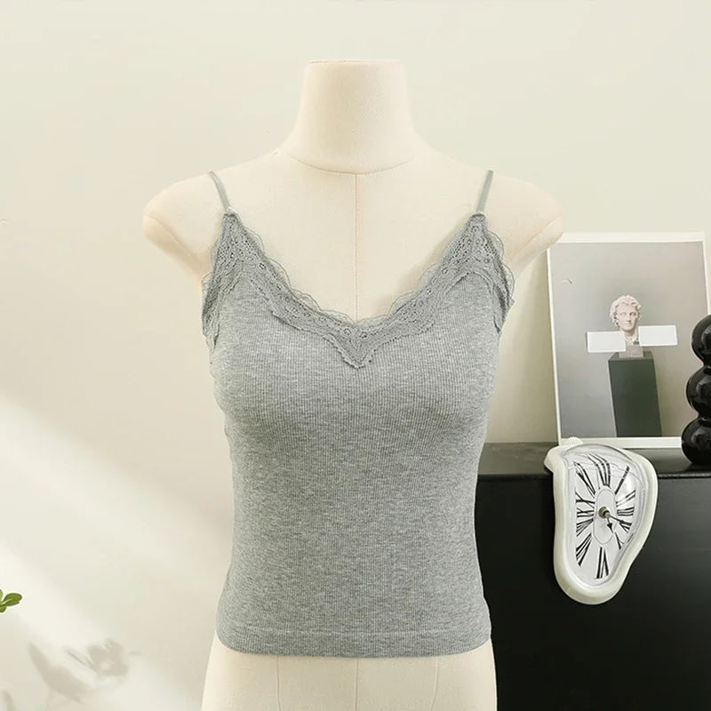 ITOOLIN Summer Women Solid Backless Tank Top With Bra Pad Lace Patchwork Spaghetti Sexy Crop Top Sweet Backless Cotton Camis Top