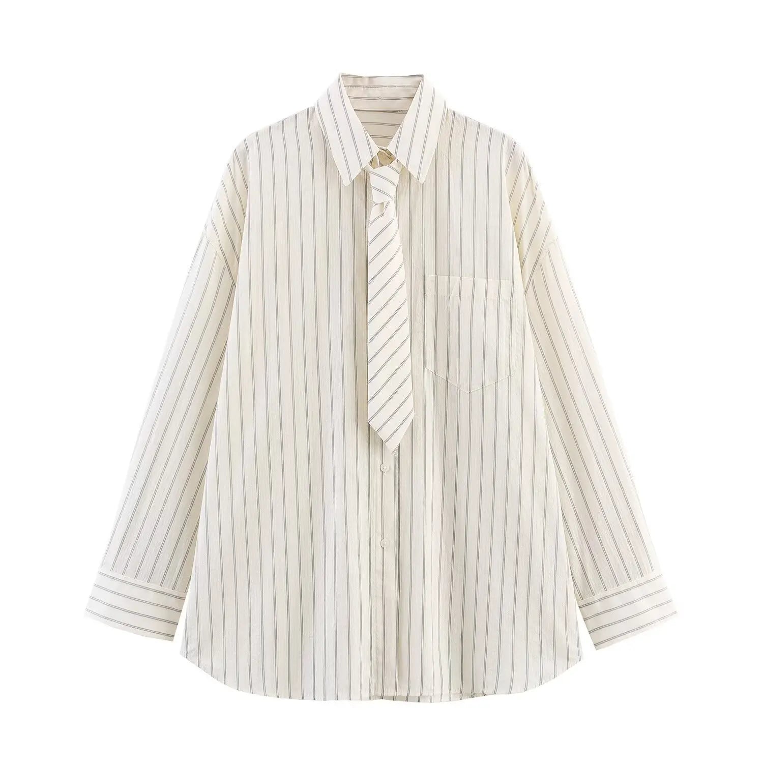 Striped Tie Shirt Women Long Sleeve Lapel Single Breasted Oversized Shirts Female 2026 Fashion New Spring Outwear Lady Tops