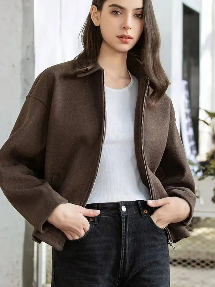 HH Fashion Brown Zipper Woolen Jacket For Women Elegant Lapel Long Sleeve Short Coats Vintage Autumn Lady Street Outerwear