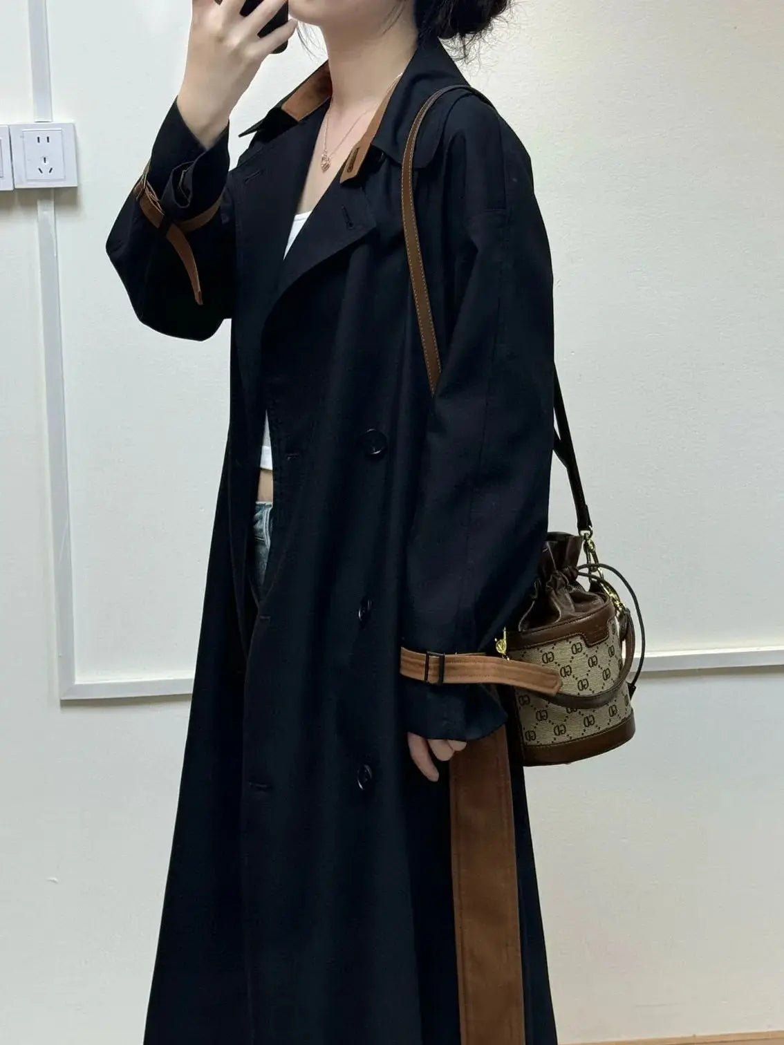 Autumn women's solid color mid-length trench coat