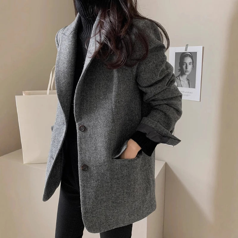 Retro Lapel Women's Blazer Spring Autumn Herringbone Woolen Long-Sleeved Suit Two-Button Loose Fit Coat for Women