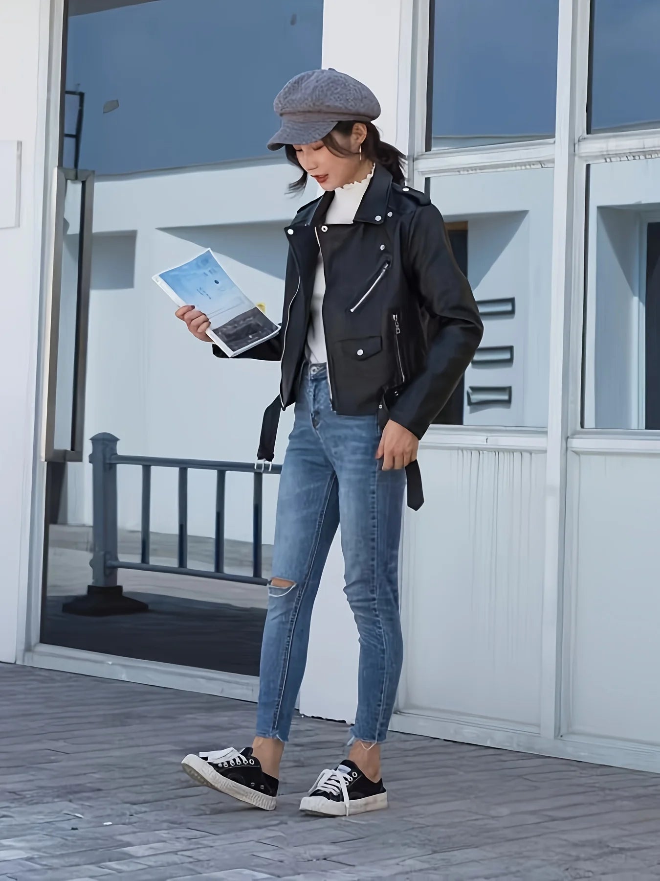 Spring and Autumn Women's Short American Retro Pu Motorcycle Leather Slim Jacket