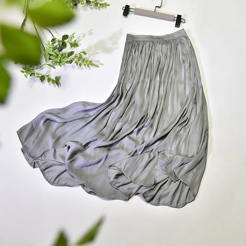 Summer Silky Skirt Elastic High Waist Glossy Silky Long Skirt Milk Silk A-line Long Skirts Women Beach Pearlescent Dress