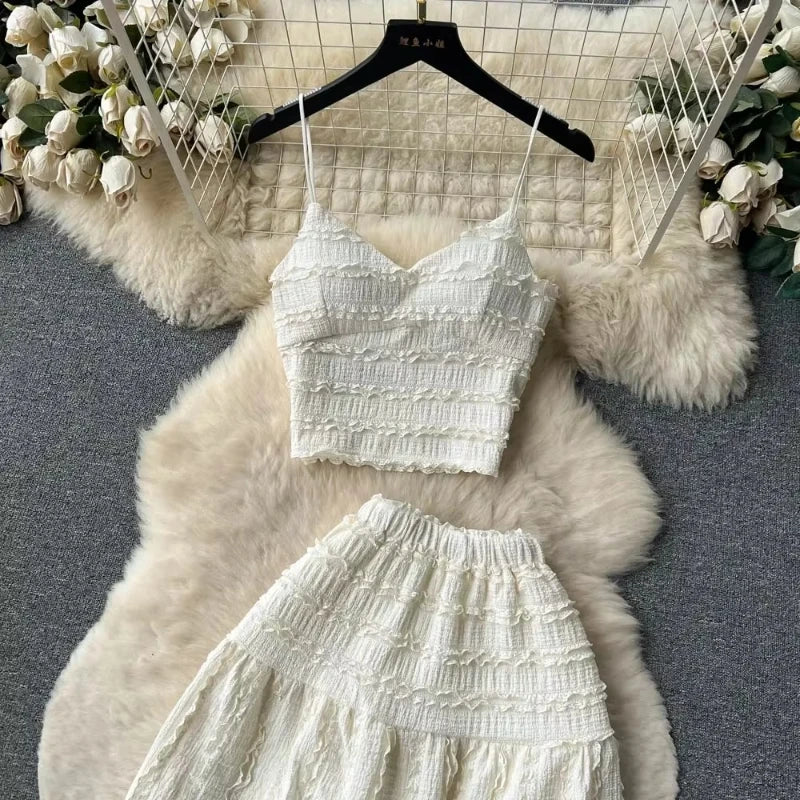 ITOOLIN Women Sexy Camisole+A Line Long Skirt Fashion Elastic Bohemian Suits Woman Summer Lace Patchwork Beach Two Pieces Sets