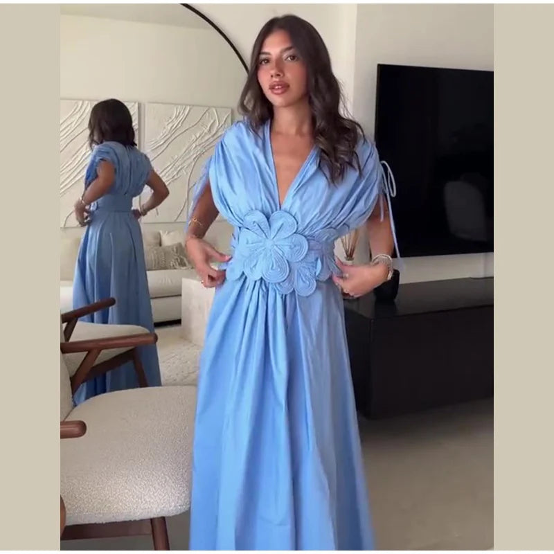 Elegant 3D Flower Solid Pleated Long Dress Women Chic V Neck Short Sleeved Drawstring Lace Up Robes Summer Lady Fashion Dresses