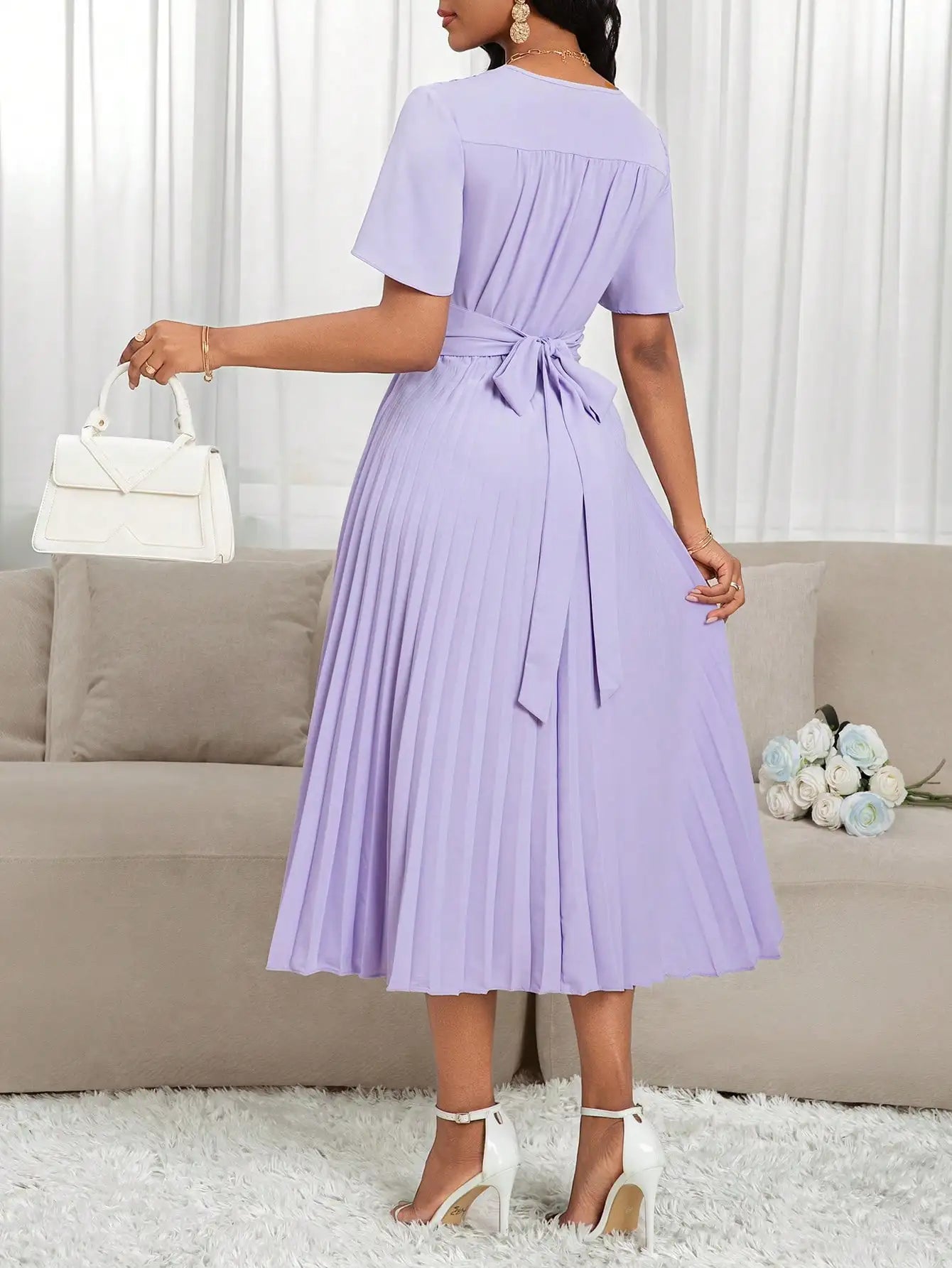 Lavender V-Neck Pleated Midi Dress with Flared Sleeves and Waist Tie