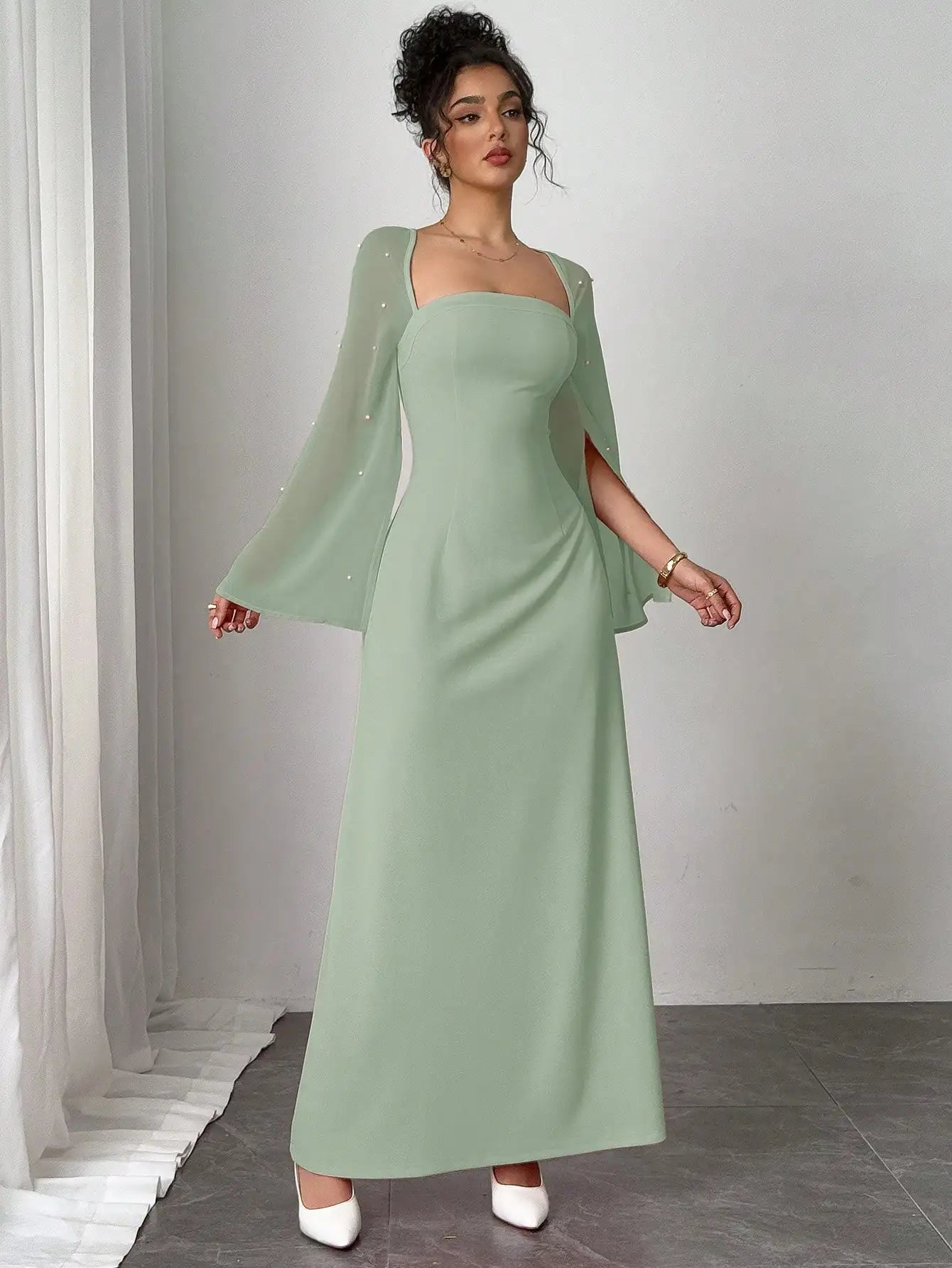 Mint Green Square Neck Long Dress with Sheer Bell Sleeves and Pearl Embellishments