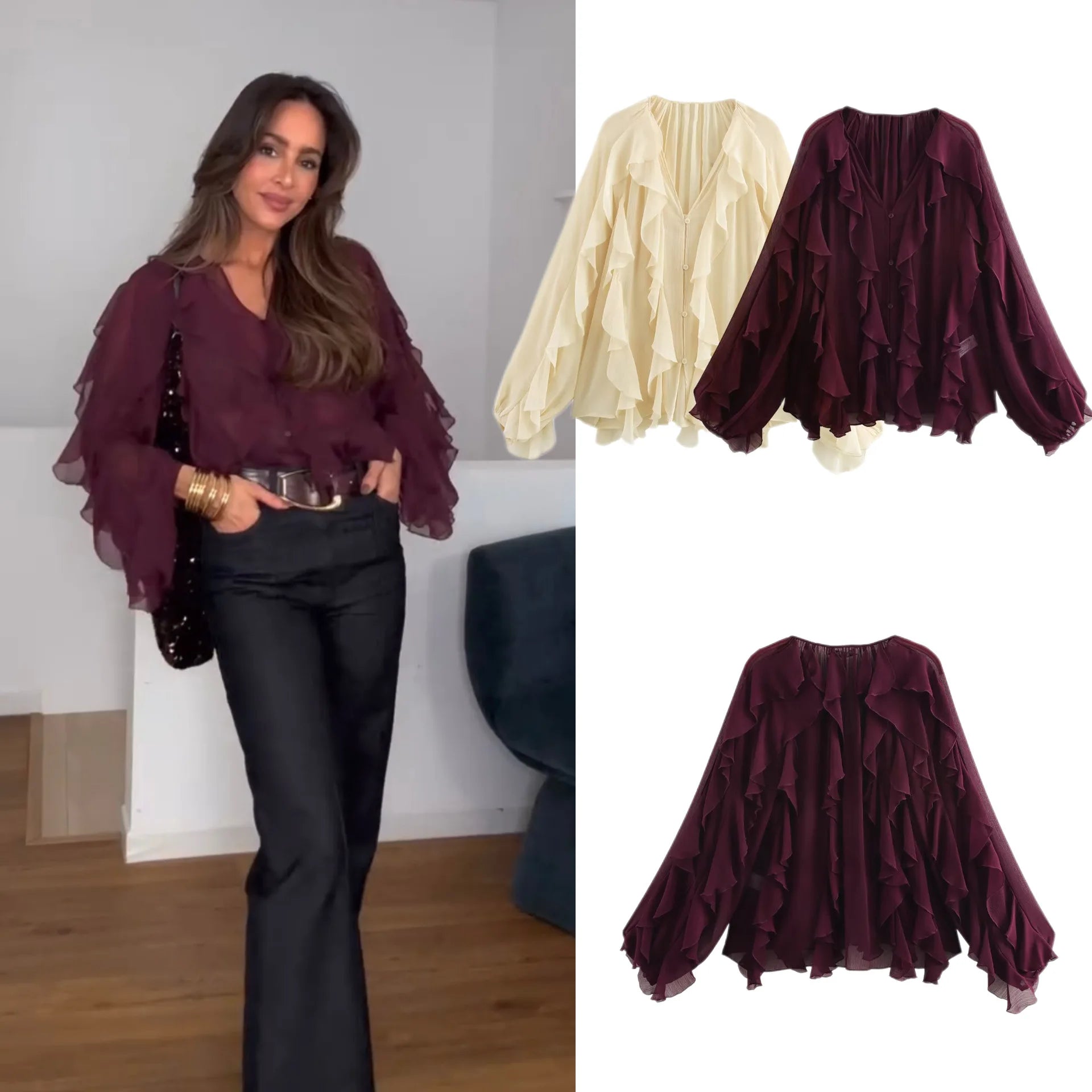 Translucent Layer Ruffle V-neck Loose Blouse Women's Burgundy Long Sleeved Gauze Shirts 2025 New Spring Casual Commute Tops