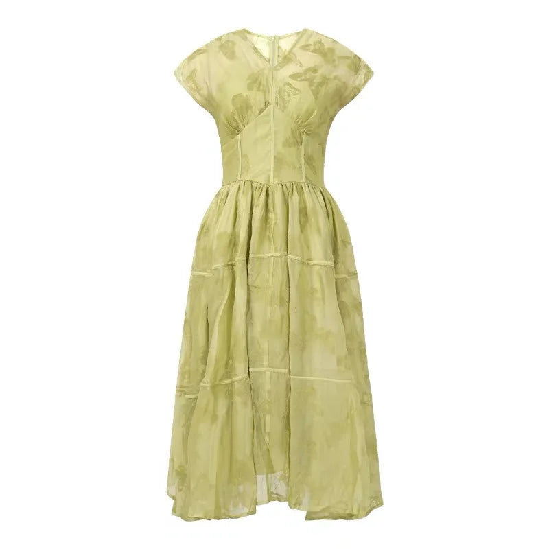 Women's French Retro Long Dress Fashion Grey Printed Short Sleeve Corset Large Swing Ball Gown Femme Party Banquet Vestidos