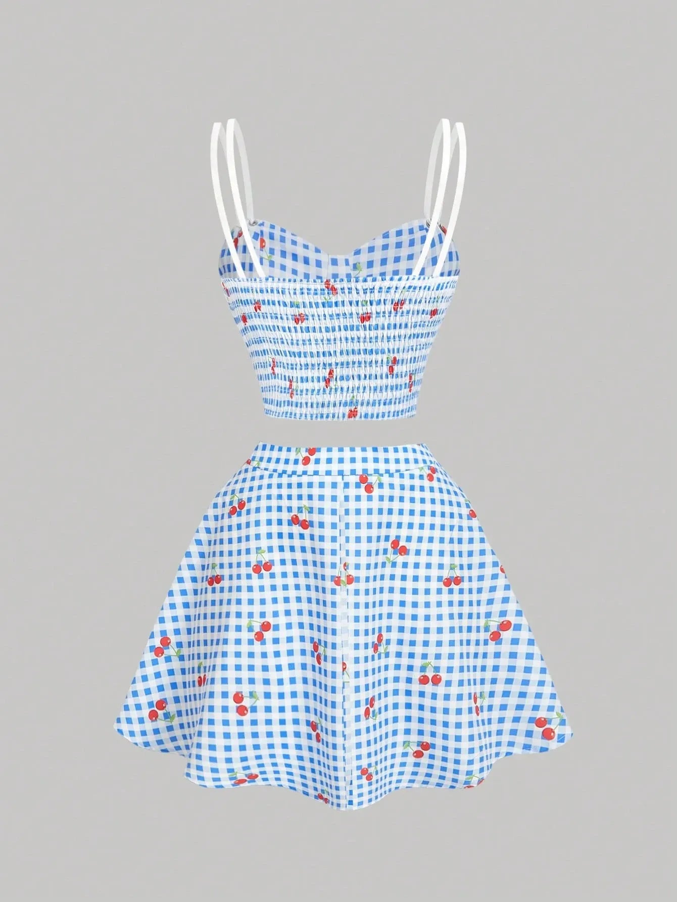 Women's Blue and White Checkered Cherry Print Two-Piece Set: Camisole Top + Flared Mini Skirt Sweet Retro Vacation Outfit