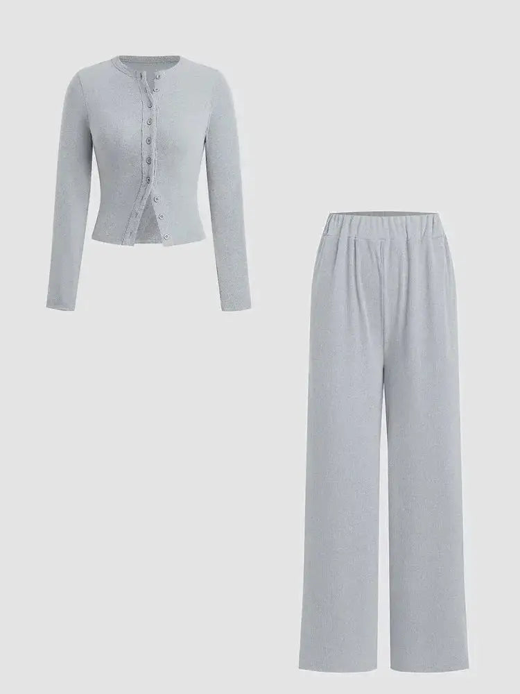 Women's 2 Piece Set Ribbed Long Sleeve T-Shirt & Wide Leg Pants, Casual Fall Winter, Ladies Fashion Clothing