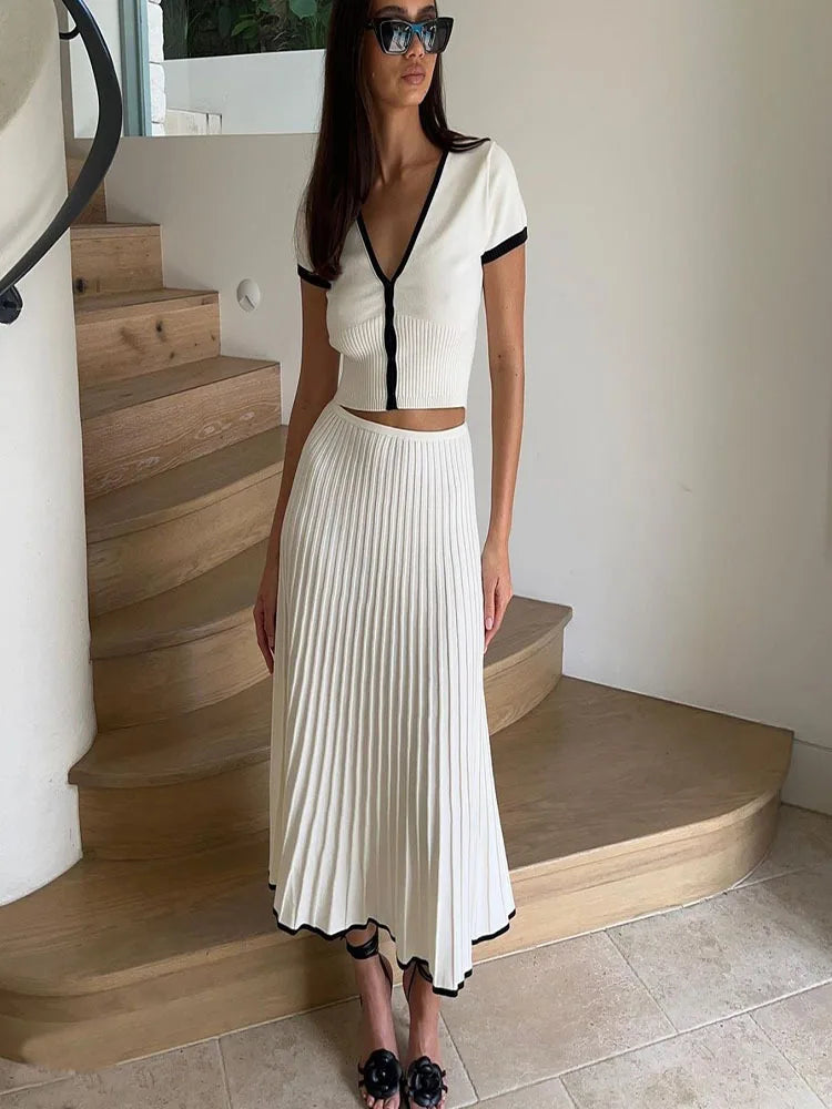 2026 Summer Women White long Skirt Suit Short Sleeve V-neck crop top pleated set elegant dress 2 piece skirt set Plus Size S-3XL