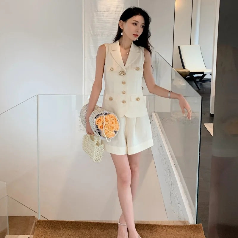 Summer Holiday Two Piece Shorts Sets Women Sleeveless Jacket Wide Legs Shorts Pants Suits Pearl Flower Button Blazer Office Lady