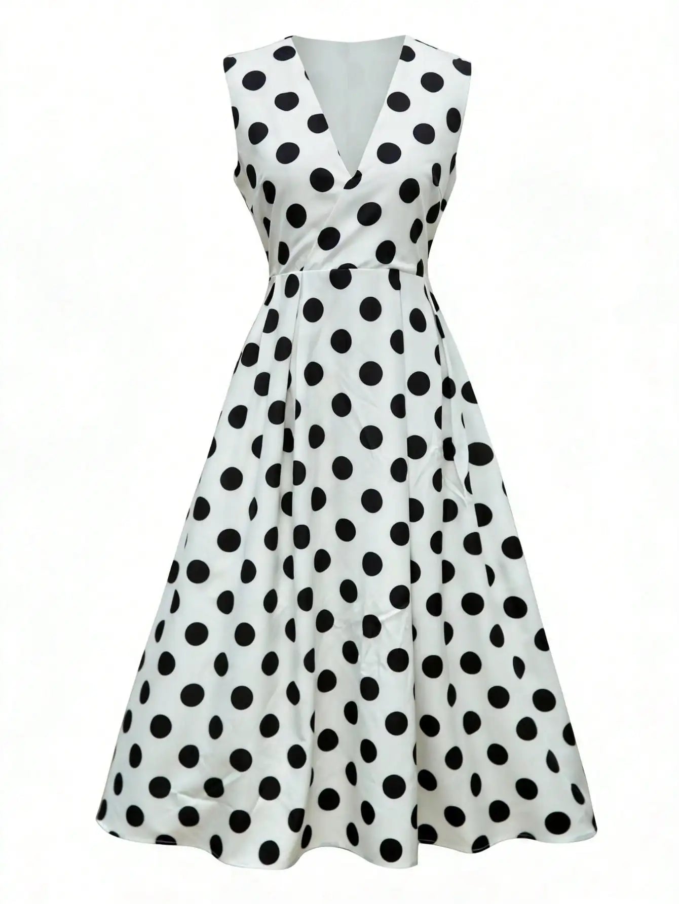 Women's V-Neck Sleeveless Polka Dot Wrap Dress with Waist Tie, A-Line Midi