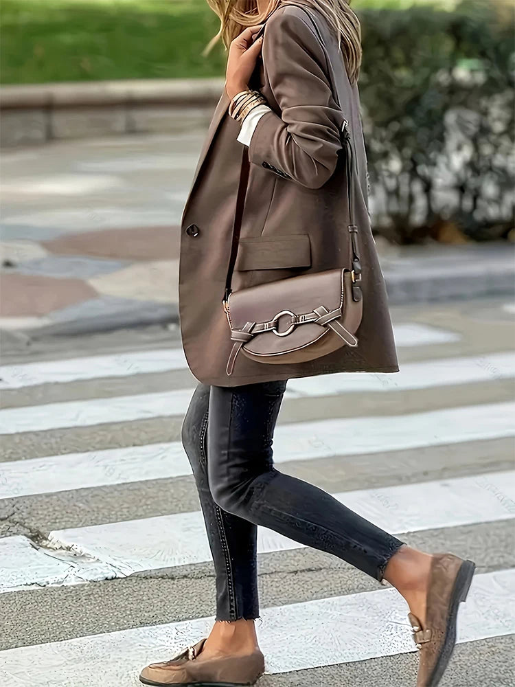 Fashionable Women's Brown Loose Blazer with Lapel and Pockets, Elegant Casual Office Everyday Jacket