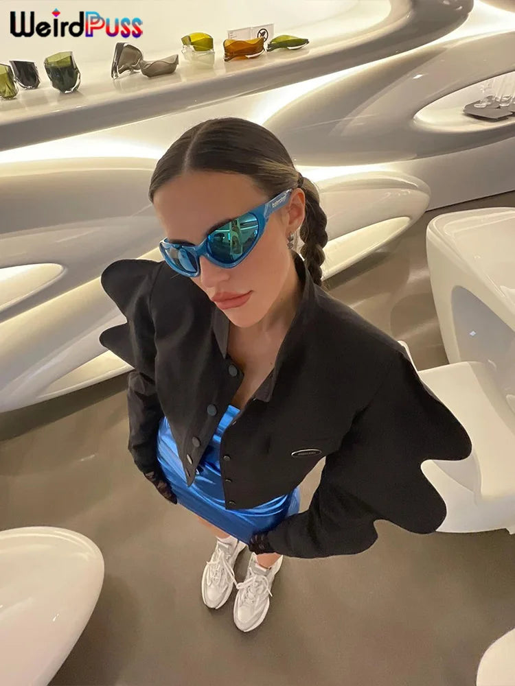 Weird Puss Fashionable Special Sleeve Jacket Women Y2K Autumn Warmth Solid Single-Breasted Wild Street Causal Short Outwear Coat