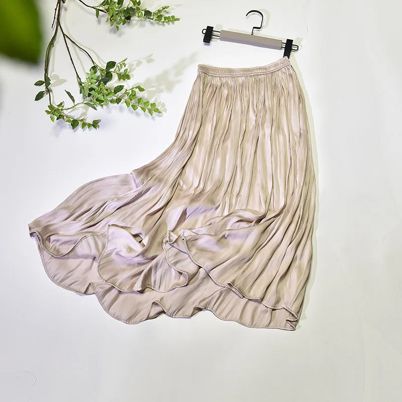 Summer Silky Skirt Elastic High Waist Glossy Silky Long Skirt Milk Silk A-line Long Skirts Women Beach Pearlescent Dress