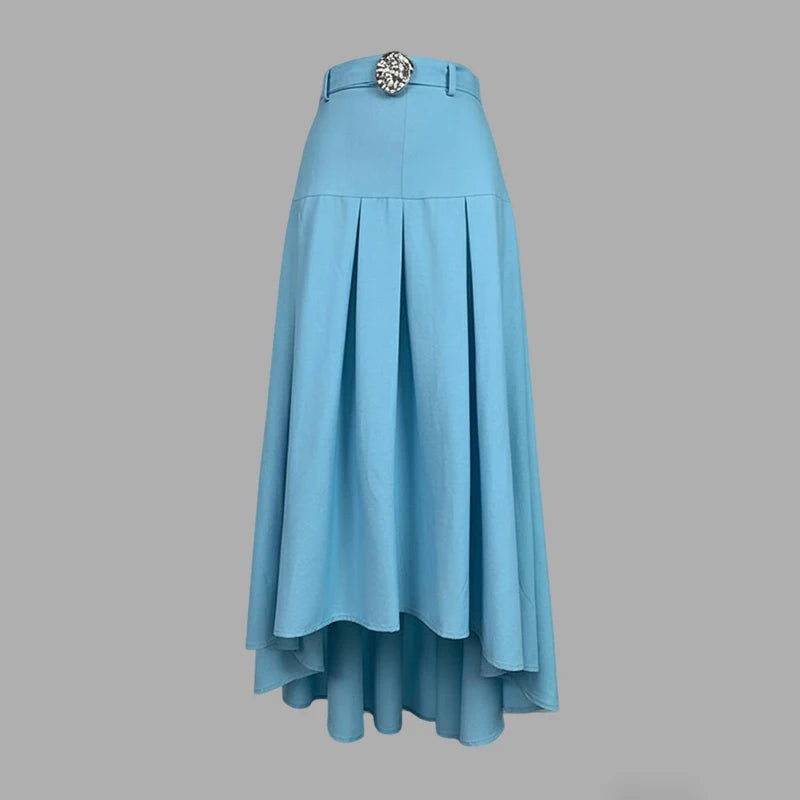 Women's Light Blue High Waist Pleated Midi Skirt 2026 Summer Elegant Office Skirt Cotton and Linen Blended Casual Skirts Bottoms