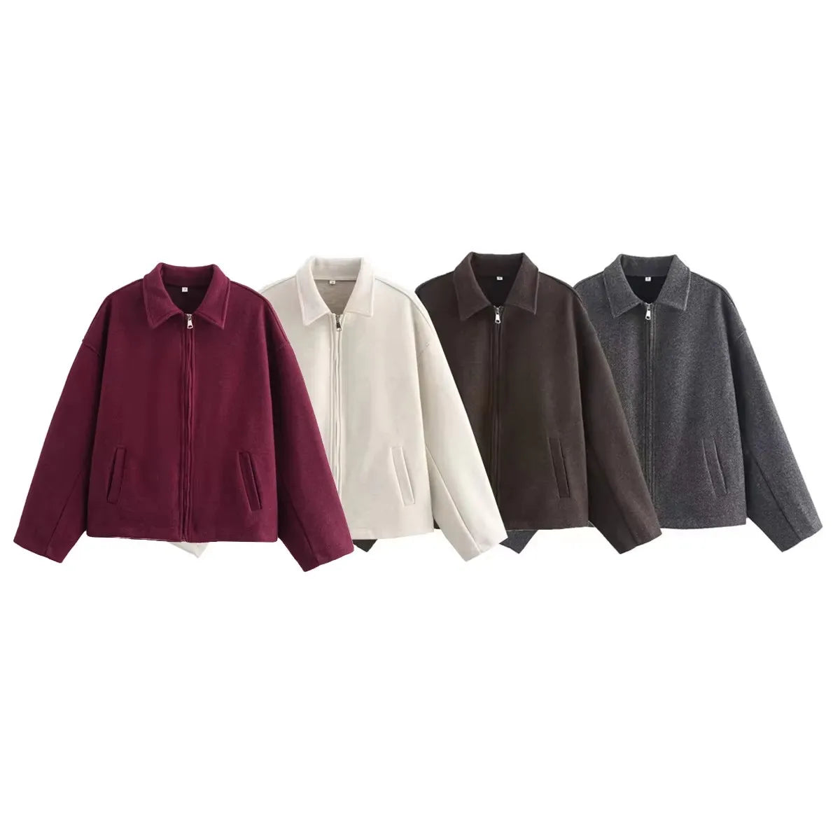 HH Fashion Brown Zipper Woolen Jacket For Women Elegant Lapel Long Sleeve Short Coats Vintage Autumn Lady Street Outerwear